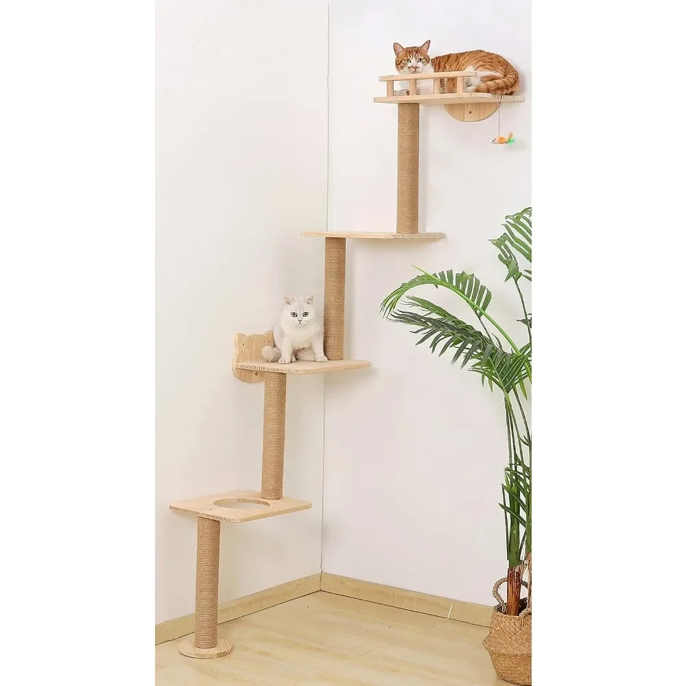 

Cat Tree Wall Mounted With 4 Levels Shelves, 73" Wood Corner Tower Inside Kitten Playground For Climbing||