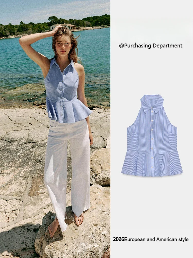 Summer New Women's Sleeveless Neck Hanging Stripe Nine Points Short Skirt Shirt Top Slim Fit Regular Length No Sleeve