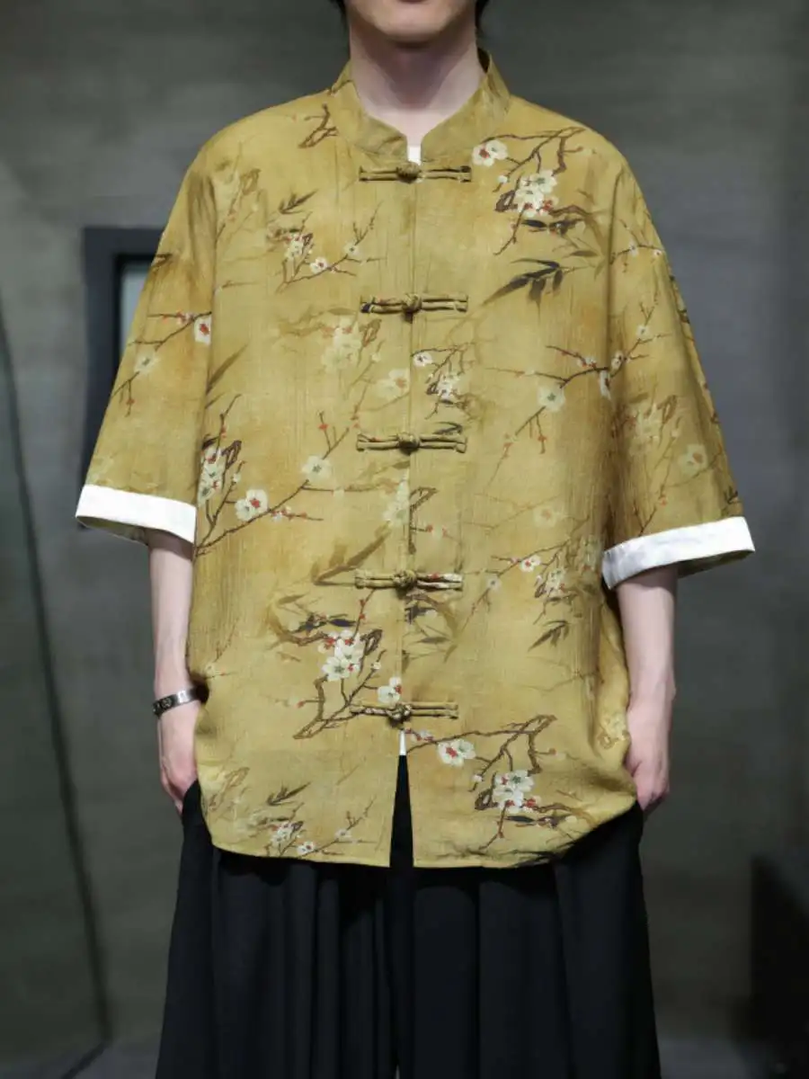 

New Summer Ice Silk ort Sve T-irt Casual Collar Button up Men's Ethnic Clothing Loose Fit Comfortable Breathable