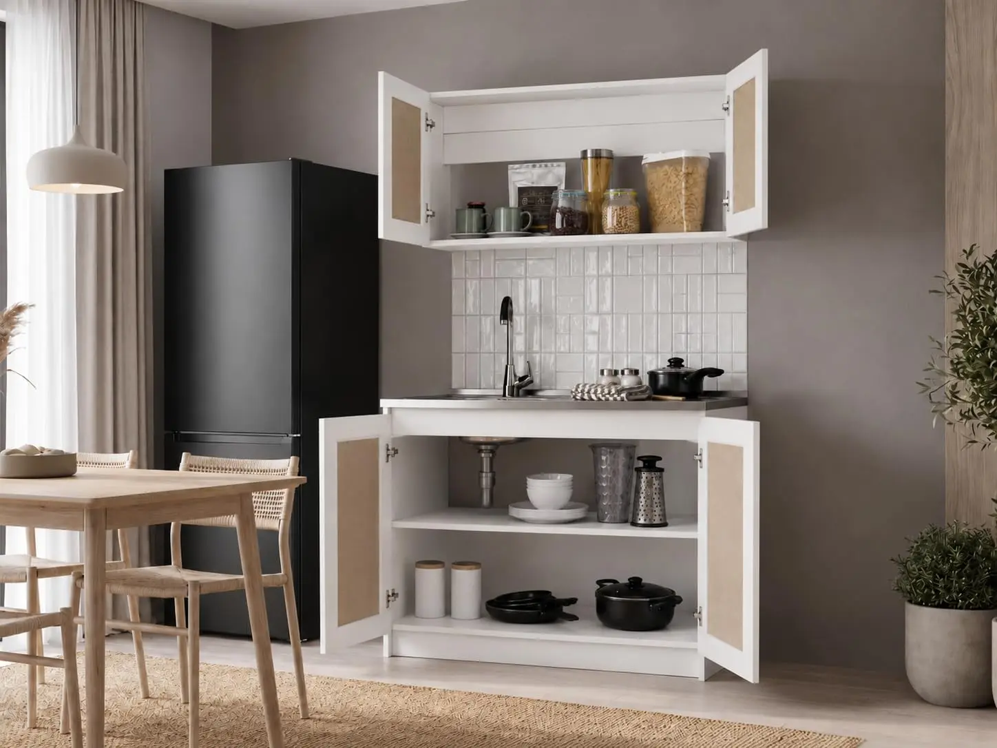 Modern Kitchen Cabinet Set with Upper & Lower Storage Cabinets, Interior Shelves & 4 Doors, Space Saving Kitchen, Customized