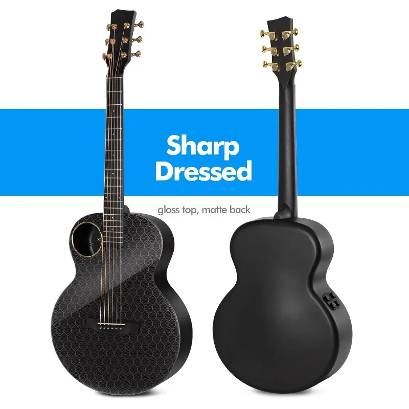 Carbon Fiber Electric Guitar 3/4-Sized Guitar Bundle with Hard Case Leather Strap Instrument Cable and USB Type-C Charging Cable