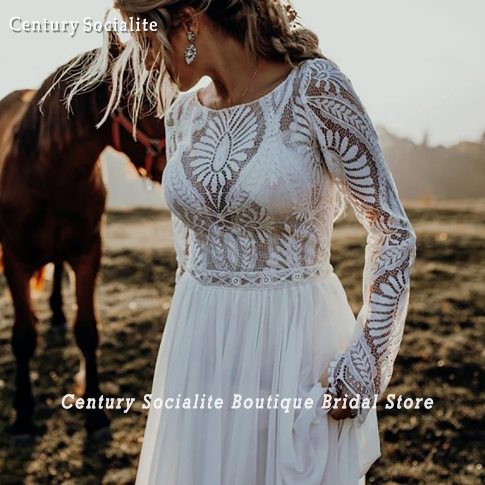 Boho Wedding Dresses for Women 2025 A Line Long Sleeve Lace Chiffon Rustic Bridal Gowns Bohemia Bride Dress Customized