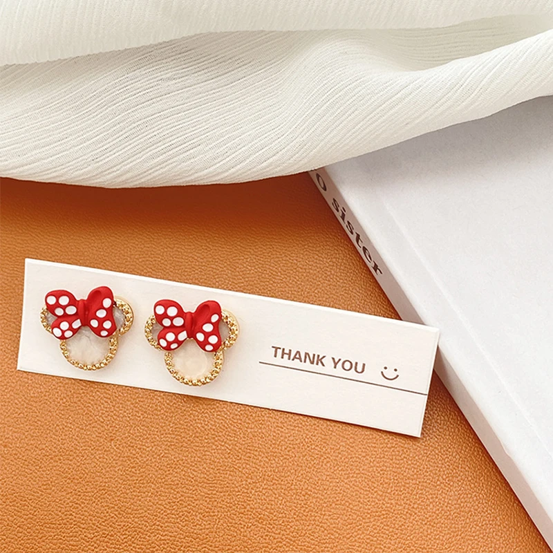 925 Silver Needle Fashion Bow Mickey Lady Earrings Red Polka Dot Cute Earrings Tide Sweet Girl Heart No Pierced Ear Clip Jewelry