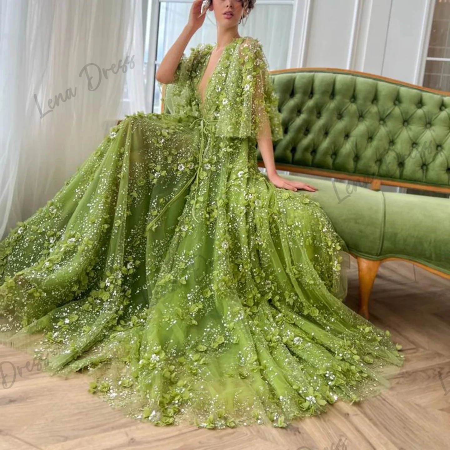 Lace Half Sleeves Evening Dresses 2024 Women Evening Dress Lena Embroidered Line A Party Dress for Wedding V-neck Green Backless