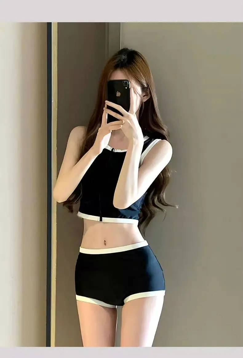 Stylish Simple Style Women's Split Swimsuit Color Contrast Edge Short Vest High Waisted Lolita Spice Sexy Sporty Slim Swimwear