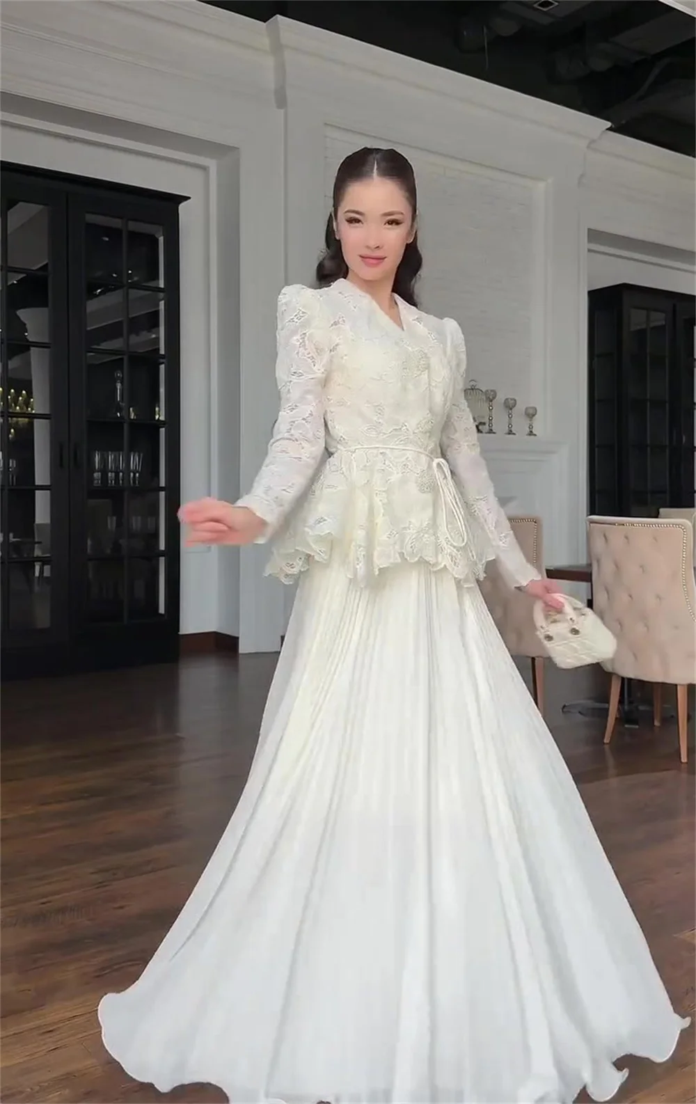 gorgeous dinner dresses EINY Elegant High Waist Ruffles Banquet Dress Two Pieces Women's Party White Lace Embroidery Slim Evening Skirt line Floor Kid Size:4T Glamorous dresses 1990s nineties 90s Women's Dresses | Silk
