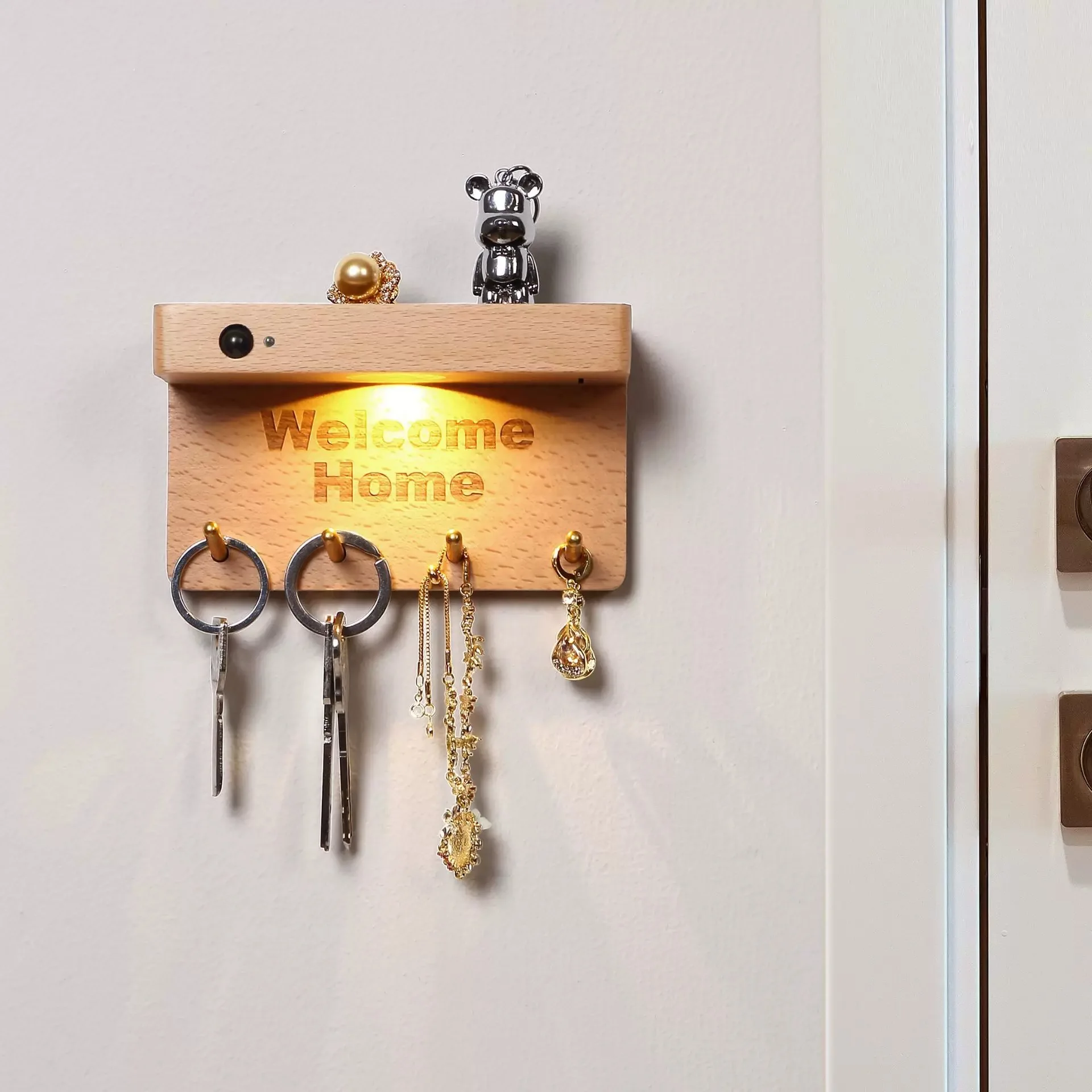 Wooden Human Body Sensor Light Rechargeable Entry Garden Wiring-free Wall Light Key Hook Storage Night Light
