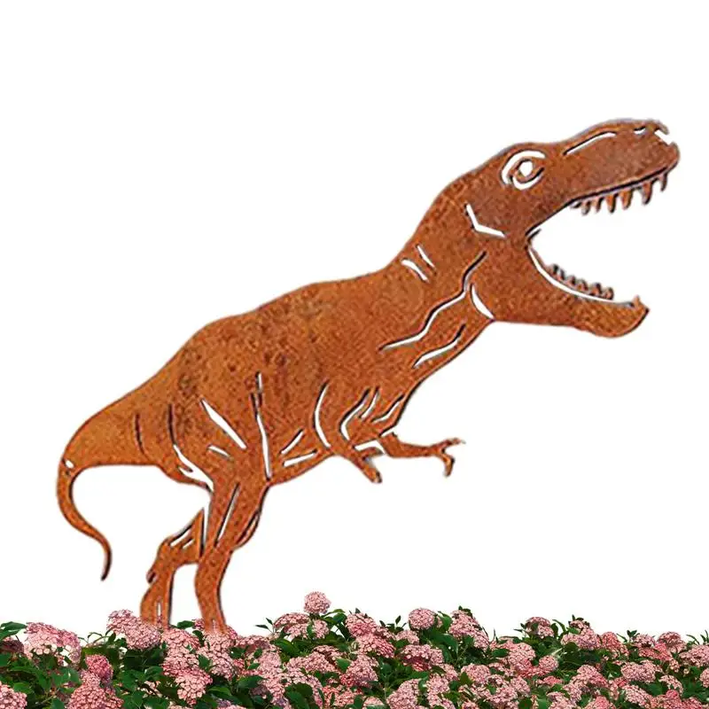 Metal Dinosaur Yard Decor Tyrannosaurus Outdoor Garden Art Cute Lawn Stakes Weather Resistant Garden Art Flower Bed Garden Sign