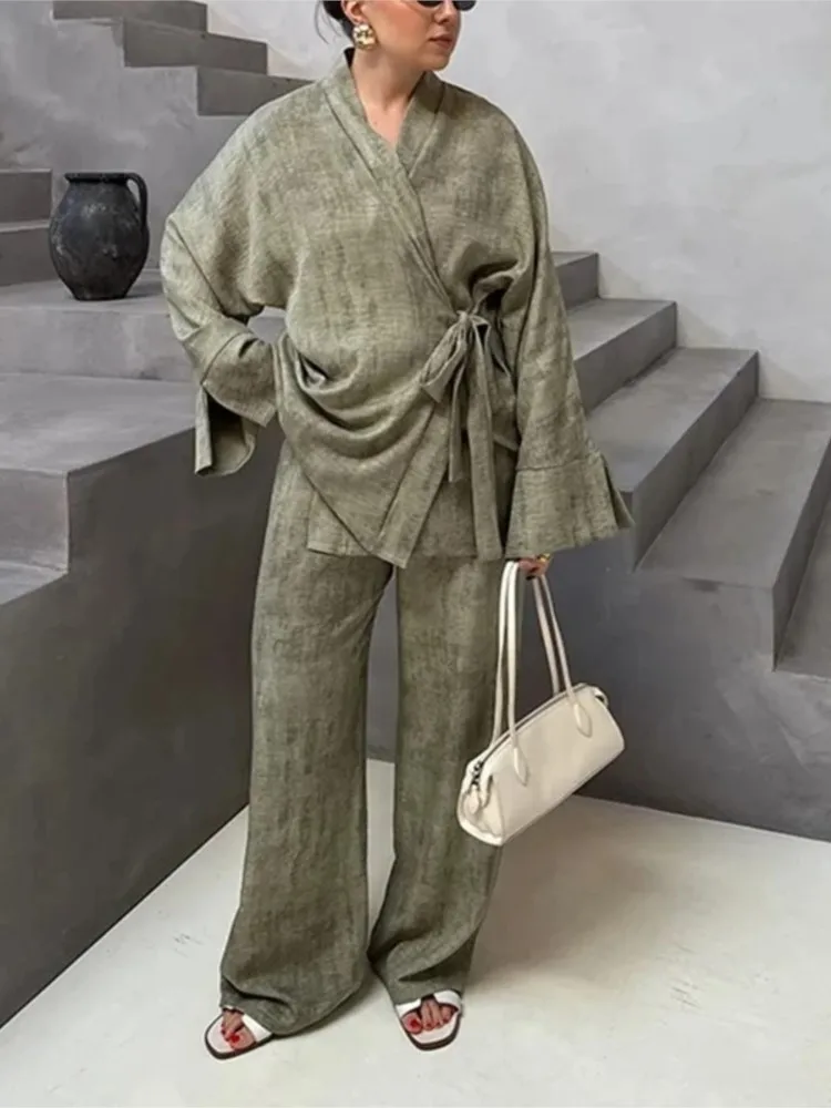 

Casual Vintage Pants Set Women 2025 New Summer Office Lady Chic Loose V-neck Lace Up Oversize Shirt Wide Leg Pants 2 Pieces Set