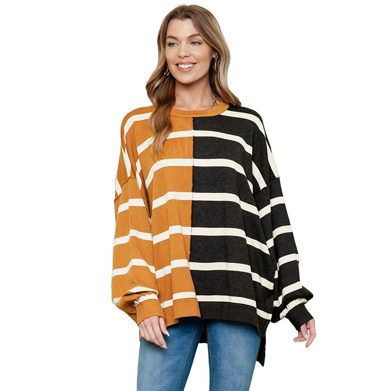 Casual contrasting hooded pullover 2023 winter new striped long sleeved loose round neck fashionable sweater for women