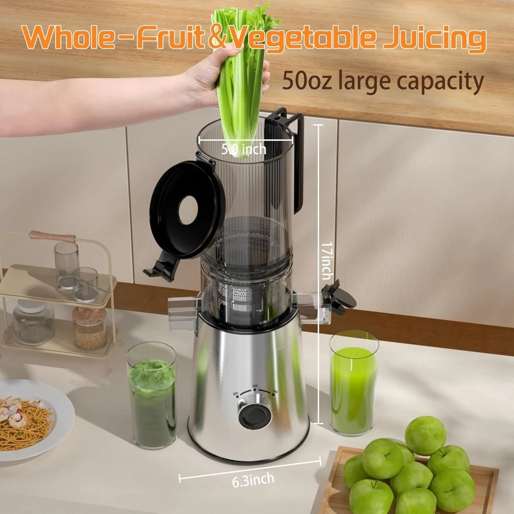 

Stainless Steel Cold Press Slow Masticating Juicer Large Feed Chute for Whole Fruits Vegetables Easy to Clean High Juice