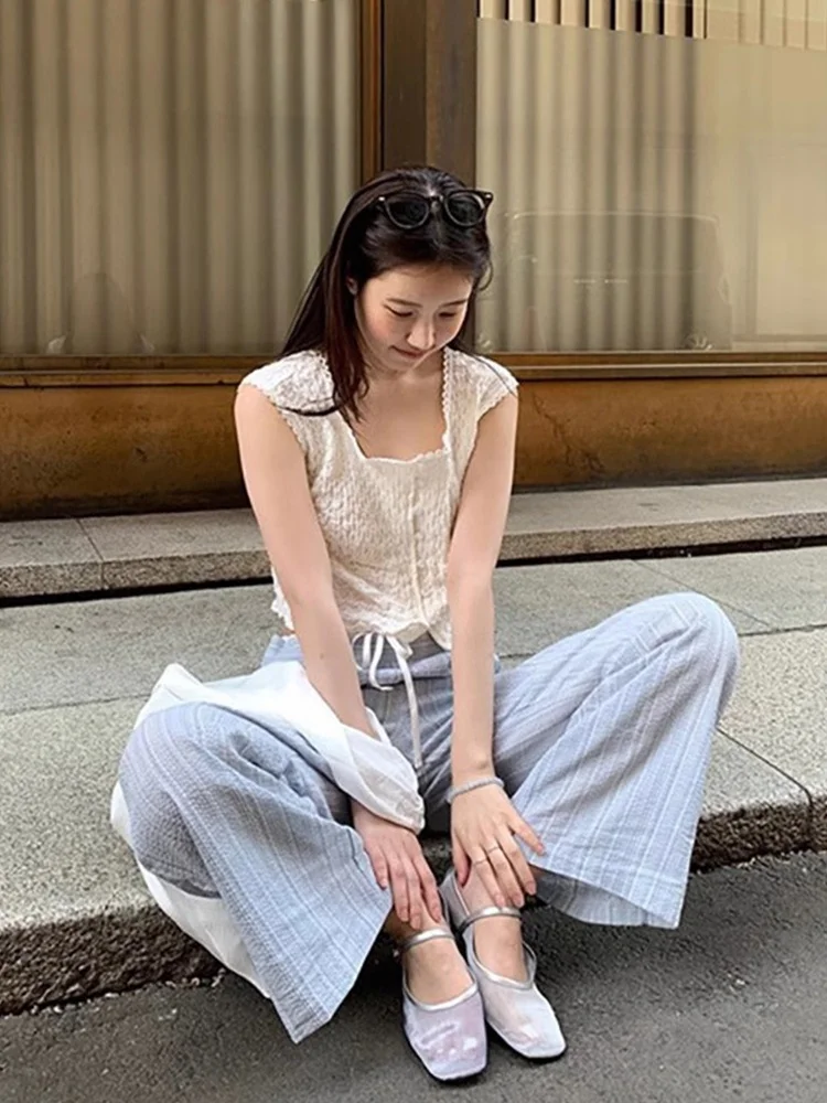 Pantaloni casual a gamba larga a vita alta da donna Primavera New Sle Retro Color Blo Design Pantaloni lunghi dimagranti Pantaloni casual