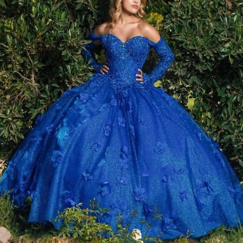 

Naroyal Blue Quinceanera Dresses for Sweet 15 Year Off the Shoulder Long Sleeve 3D Flower Appliques Beading Princess Ball Gown