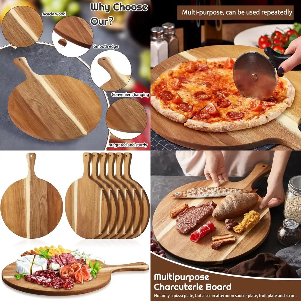 

Acacia Wood Set of 6 Round Cutting Boards, 0.6 Thick, 12x16 with Handle for Serving Charcuterie, Pizza, Cheese, Meat, and Fruit