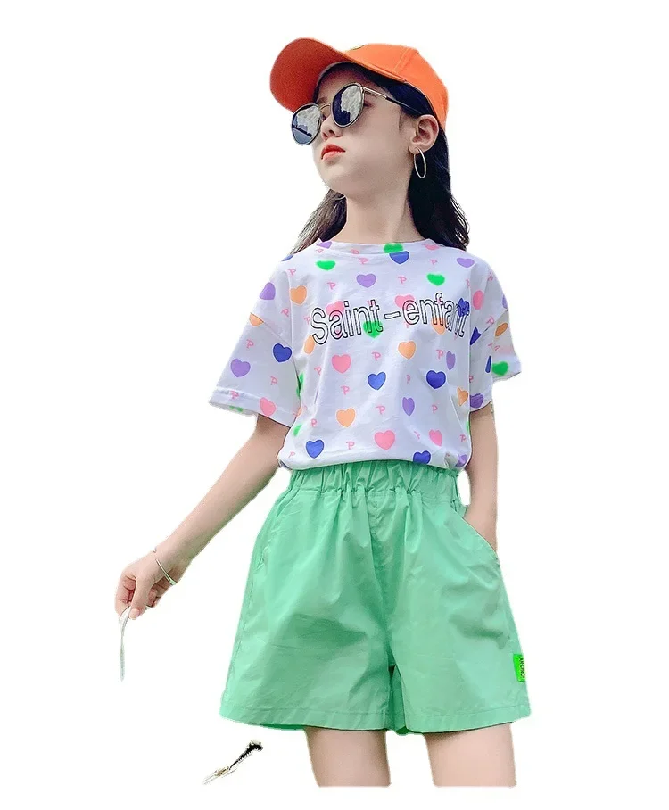 Teenager Girls Suit 2-piece Summer Love Print Short-sleeved Shorts New Children\'s Clothes for Casual Outer Wear Children\'s Sets