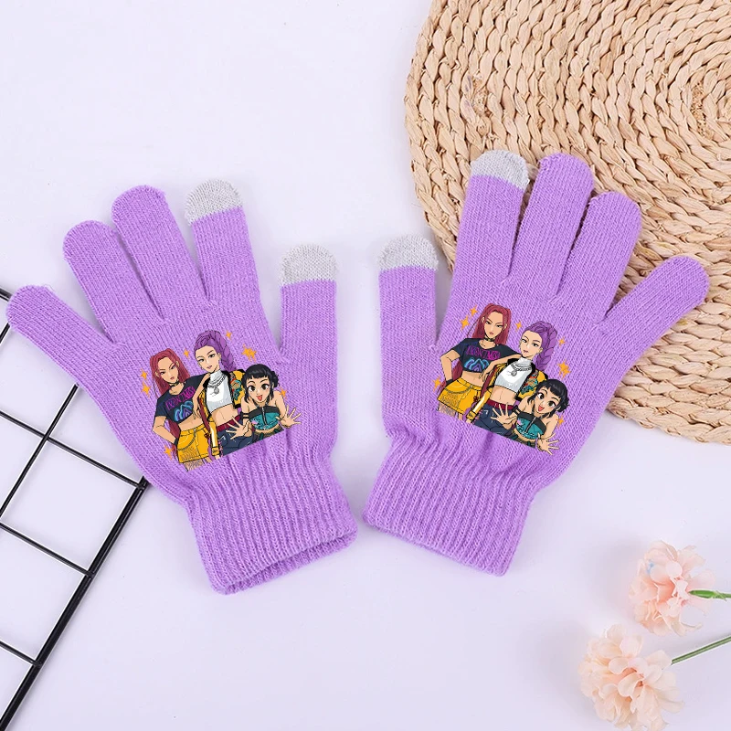 2025 جديد K البوب شيطان هنتر الفتيات قفازات Kawaii الكرتون المطبوعة محبوك قفازات الاطفال الشتاء في الهواء الطلق قفاز دافئ