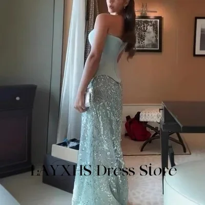 Eleganckie sukienki wieczorowe LAYXHS z dekoltem w serduszko, prześwitujące cekinowe tiulowe sukienki na studniówkę i przyjęcia, szyte na miarę فساتين سهرة