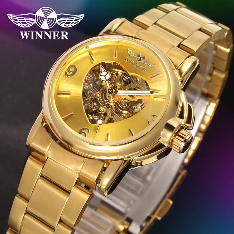 Winner Watch Women Heart Watches Full Steel Gold Skeleton Automatic Mechanical Wristwatches Ladies Reloj Mujer Relogio Feminino