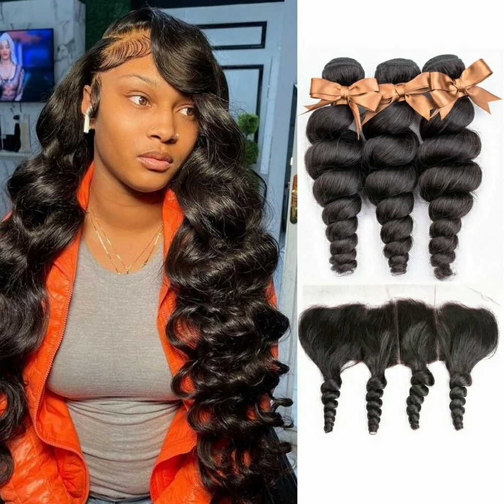 

Loose Wave Bundles With Frontal 13X4 Ear To Ear Lace Human Hair 3 Bundles With Closure Remy Hair Swiss Lace Closure With Bundles