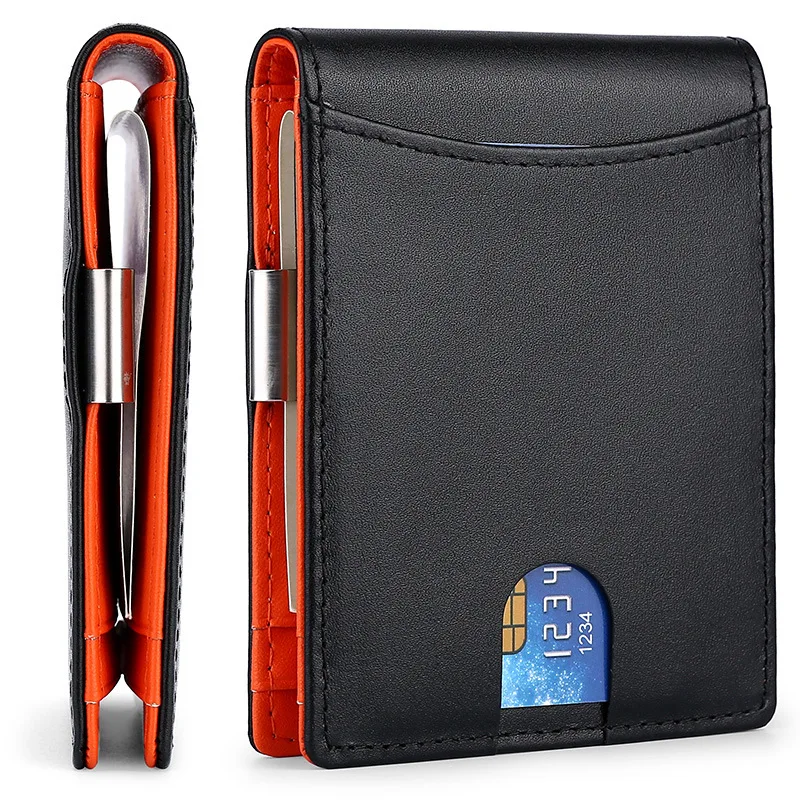 Men's Genuine Leather Dollar Clip Metal Clip Short Casual Wallet Carbon Fiber Pattern Wallet RFID Anti-Magnetic Card Clip