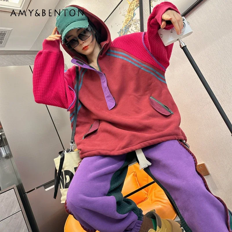 

Winter Fleece-lined Stitching Contrast Color Hooded Sweatshirts Women's Loose Oversize BF Style Fashionable Long Sleeve Coat Top