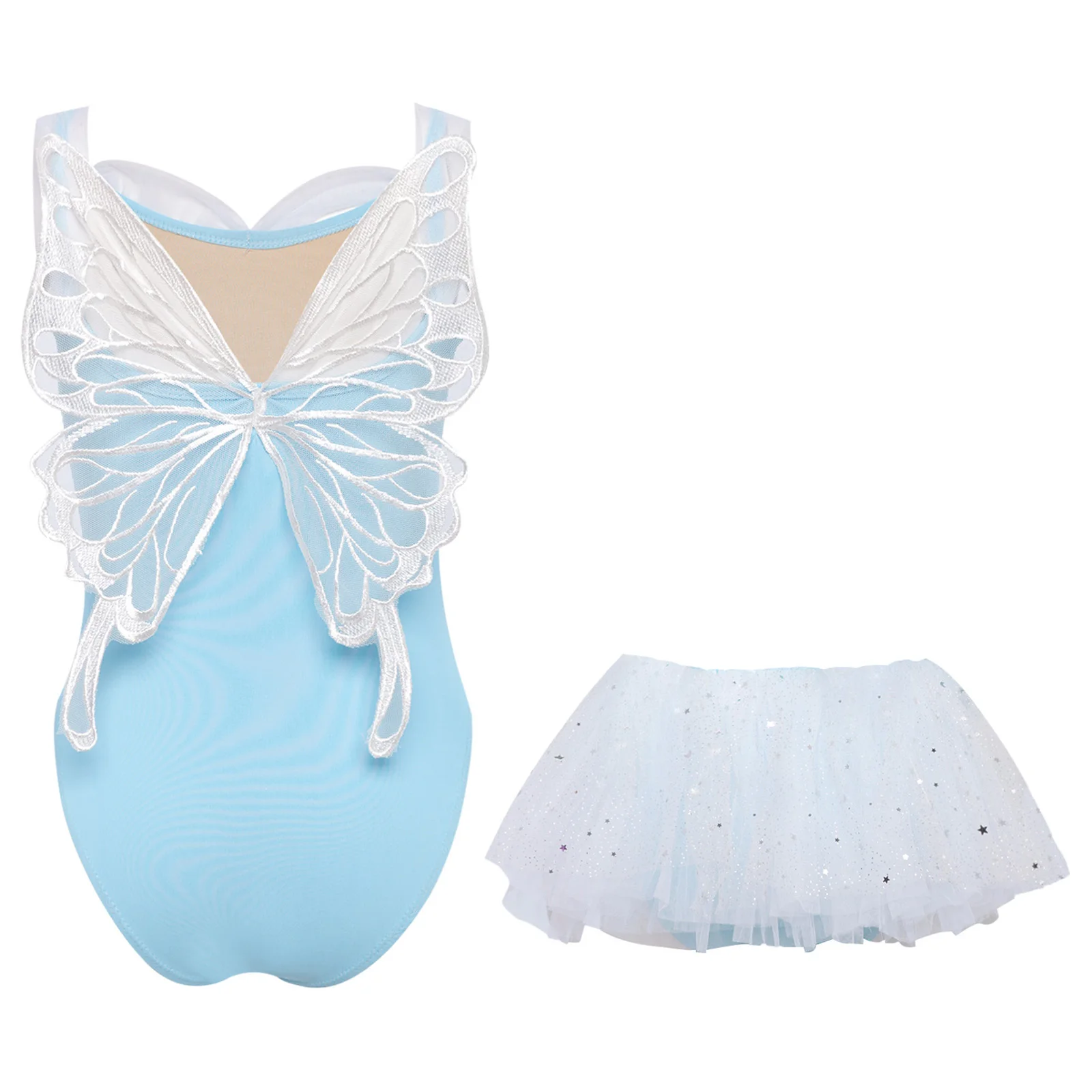 

Kids Girls Ballet Leotard Suit Spaghetti Straps Butterfly Back Sleeveless Bodysuit+Shiny Sequins Tulle Tutu Skirt for Gymnastics