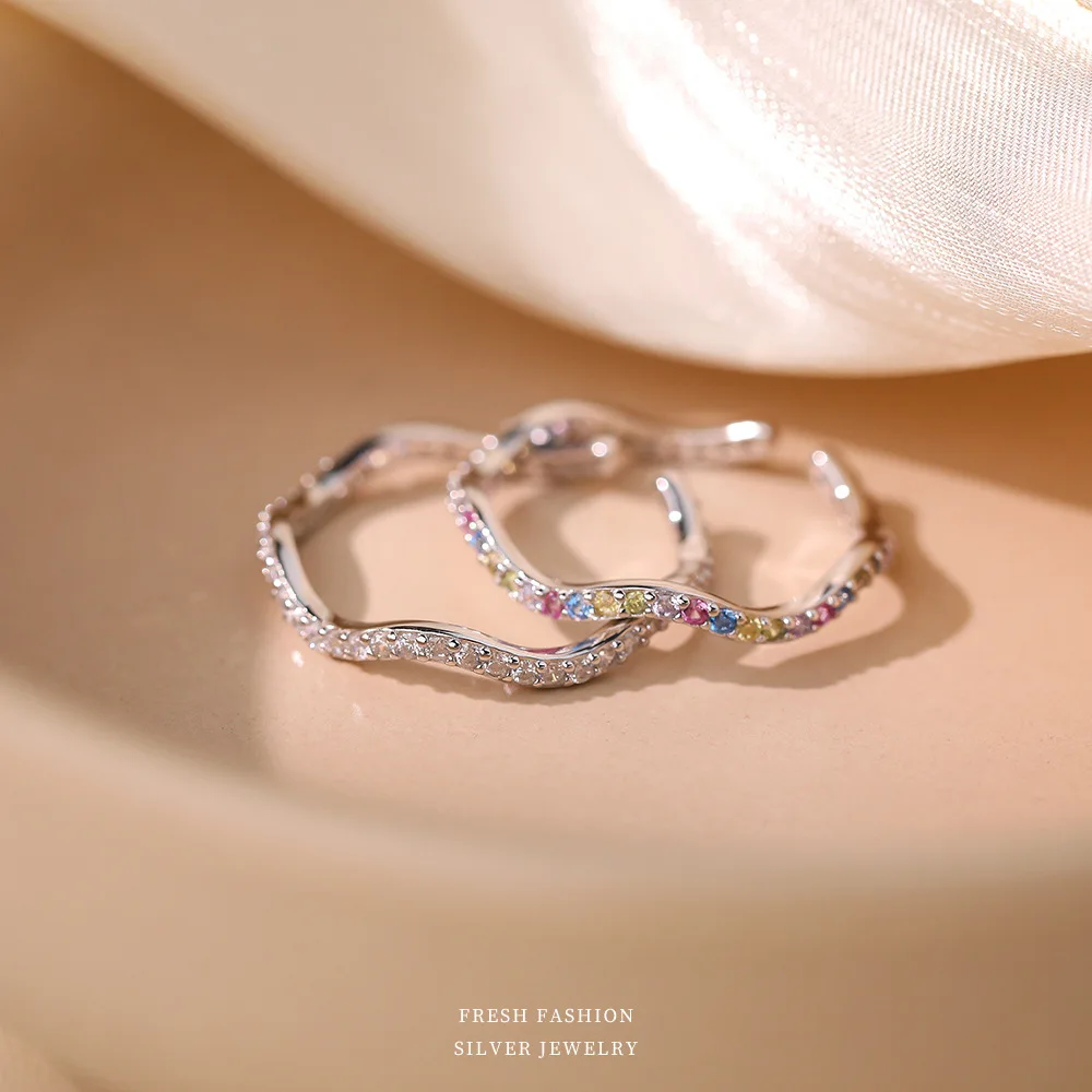 F.I.N.S S925 Sterling Silver Wavy Line Ring Luxurious White Colorful Zircon Open Finger Minimalist Fine Jewelry Accessories