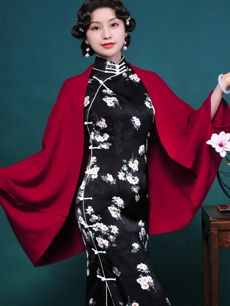 Wool Knitted Shawls Cardigan Shawl Paired Cheongsam Wraps Wedding Banquet Cheongsam Opera Cape Paired With Sweater Thermal Shawl