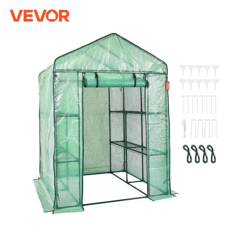 VEVOR Walk-in Green House Greenhouse with Shelves High Strength PE Cover with Doors & Windows and Steel Frame for Planting