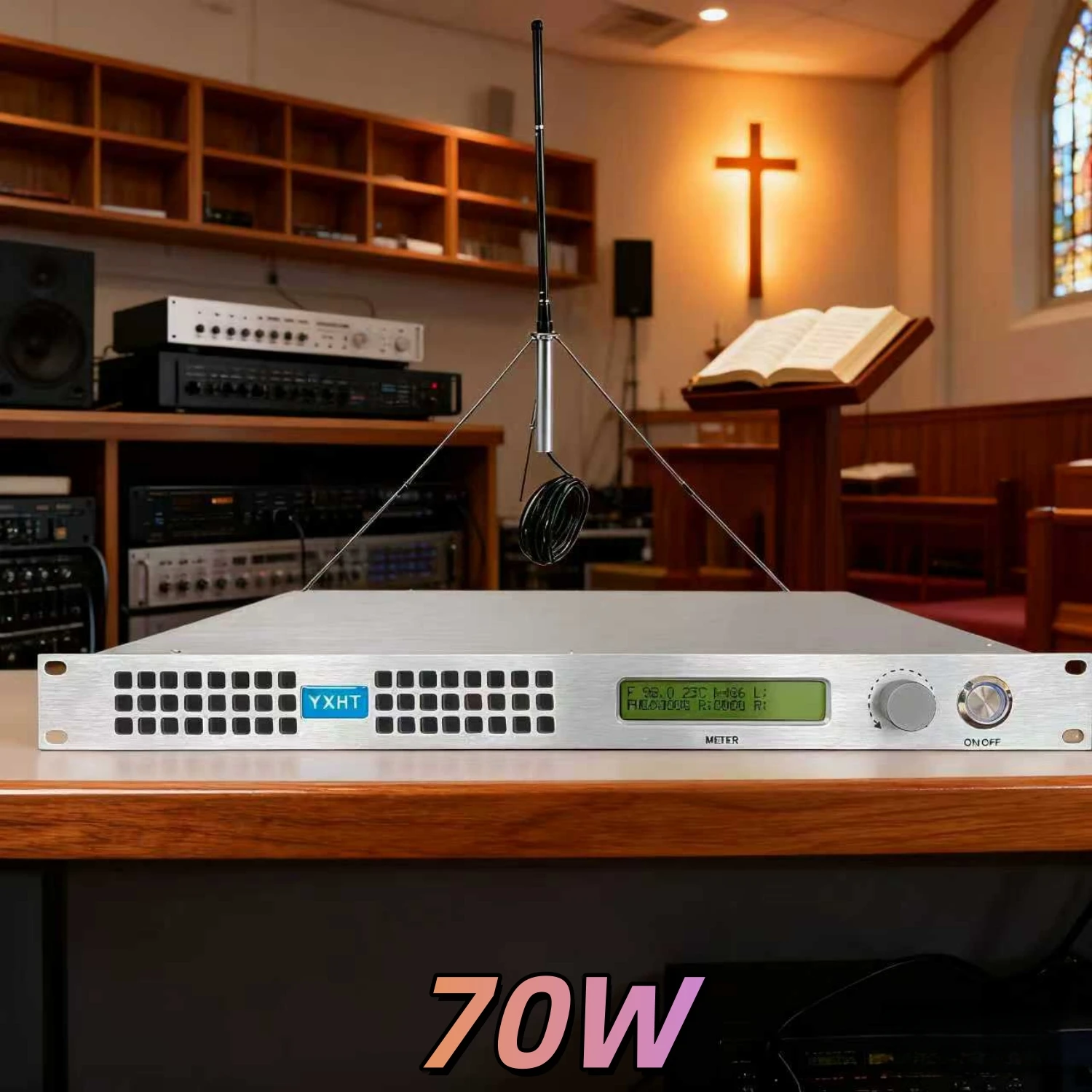 HP- جهاز إرسال FM مستقر عالي الجودة بقدرة 70 وات مع هوائي وكابل - مثالي لعبادة الكنيسة والخطبات والتجمعات الزمالية