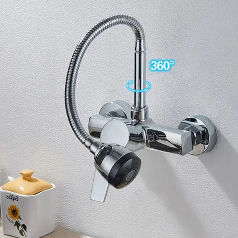 Chrome/black wall-mounted swivel, two-way spout, water stream sprayer, hot and cold water flexible hose kitchen mixer tap
