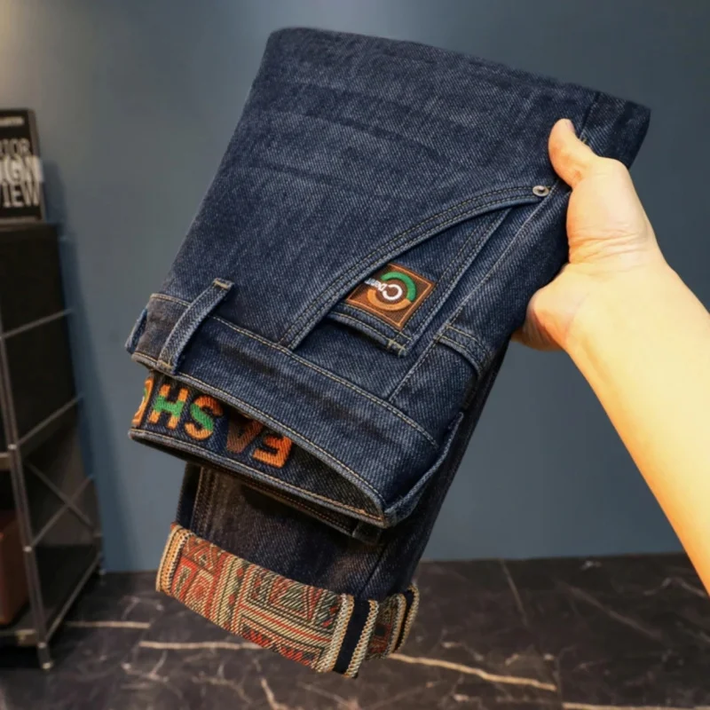 

2026 autumn jeans men's trend embroidered print design fashionable high-end slim fit casual stretch denim pants