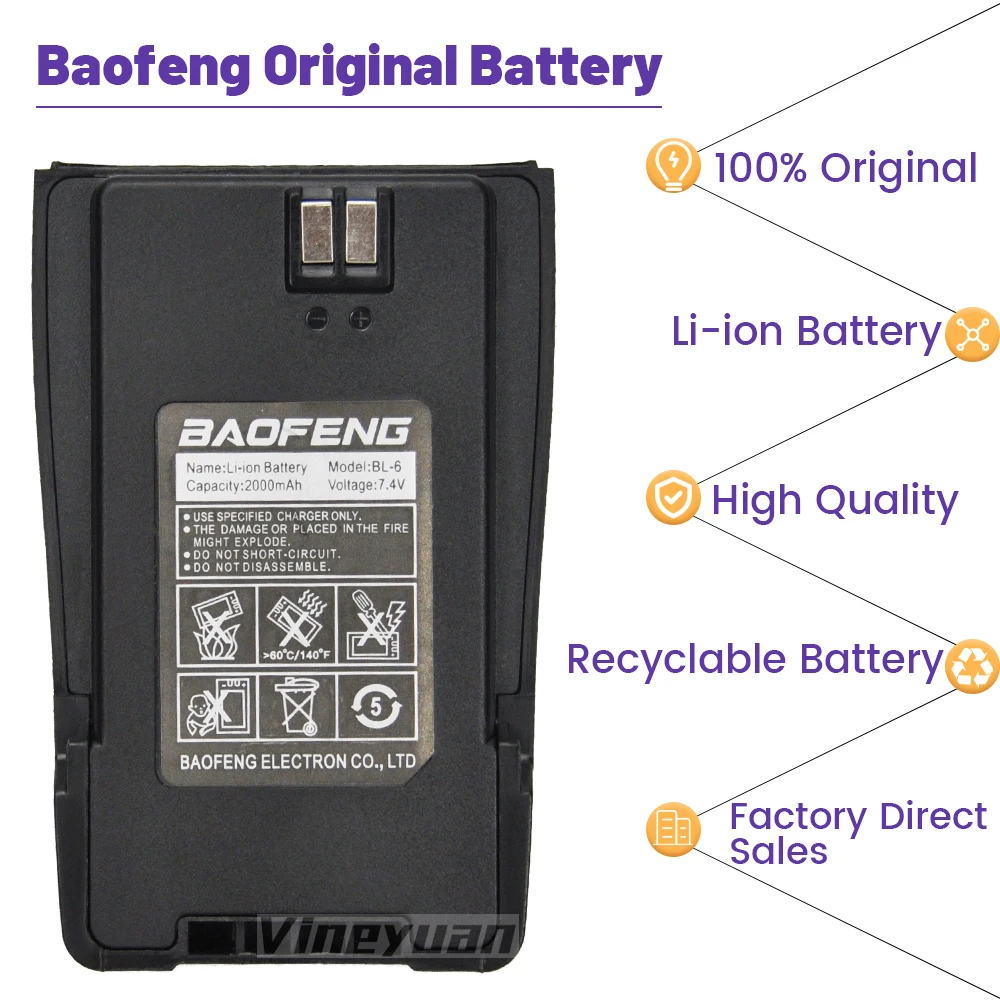 NEW UV-6 Battery BL-6  7.4V 2000mAh Replacement Li-ion Battery for Baofeng UV6 UV-6D Walkie Talkie Rechargeable Battery