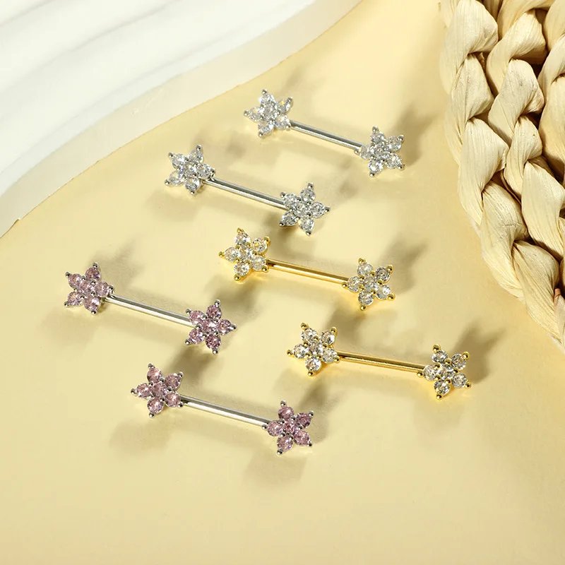 Stainless steel 14G zircon peach heart nipple ring fashion flower women's piercing jewelry