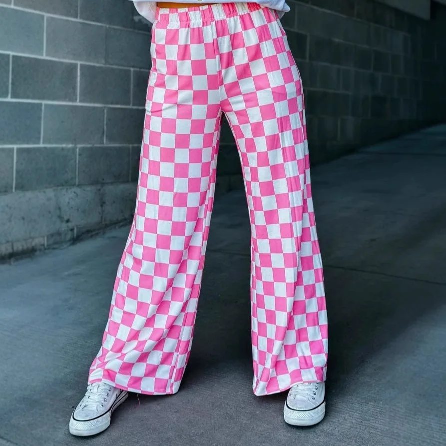 Womens Checkered Wide Leg Pants Vintage High Elastic Waist Straight Loose Fit Lounge Trouser Teen Girl Harajuku Streetwear
