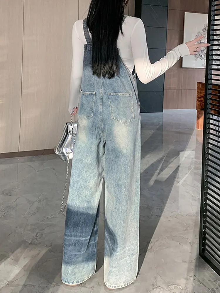 Retro American  Knot Rhinestone Denim Overalls Women's New Faion Age Reduction All-Match Straight Leg Jumpsuit