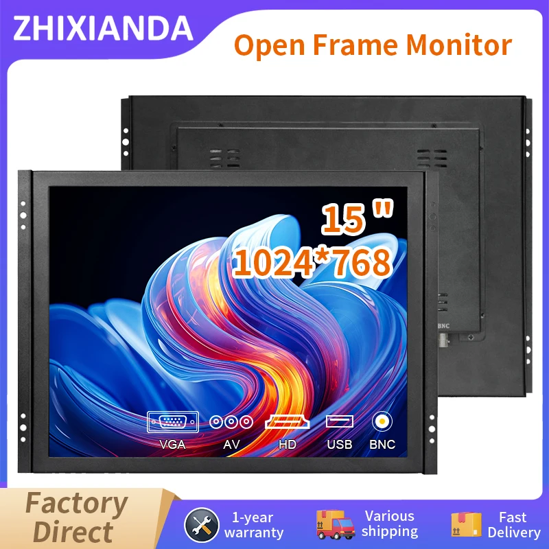 Zhixianda 15 Inch 4:3 1024*768 Open Frame Industrial Display Resistive Capacitive Touch Screen Monitor With AV BNC VGA HDMI USB