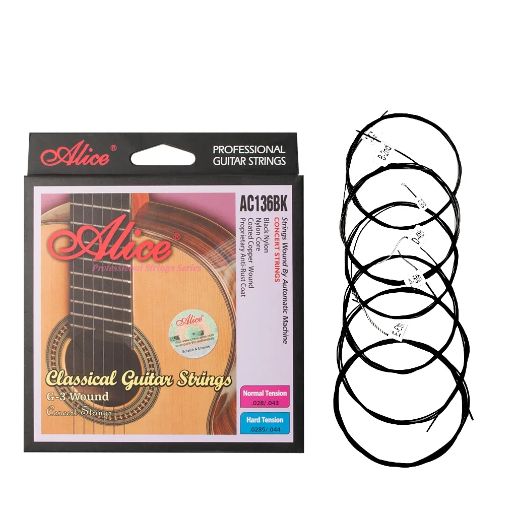 Alice AC136BK-H Black Nylon Classical Guitar Strings 6pcs/set Hard Tension or Normal Tension with One Complimentary 1/5/10 sets