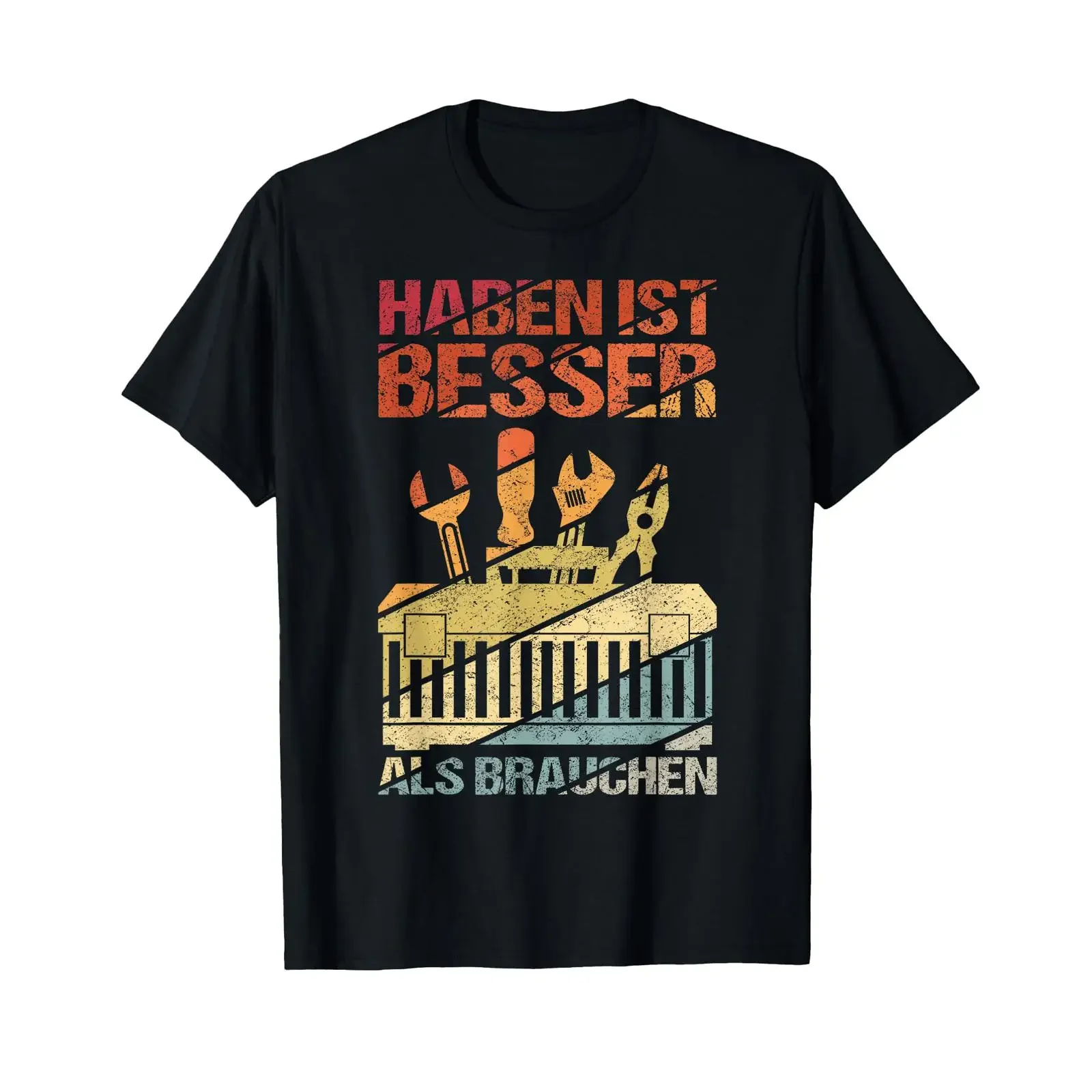 Camiseta Masculina Preta Vintage Lavada com Texto Alemão 'Haben ist Besser als Bauch Handwerker' - Top Macio para Uso Diário