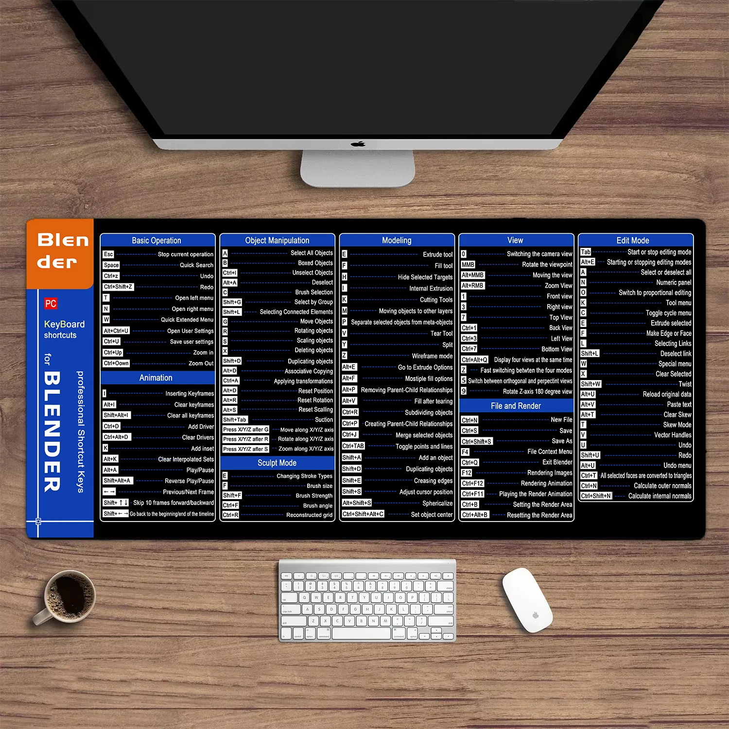 Shortcuts Pattern for Blender 3D Modeling Mouse Pad Locking Edge Table Keyboard Non-Slip Mausepad Computer Accessories Desk Mat