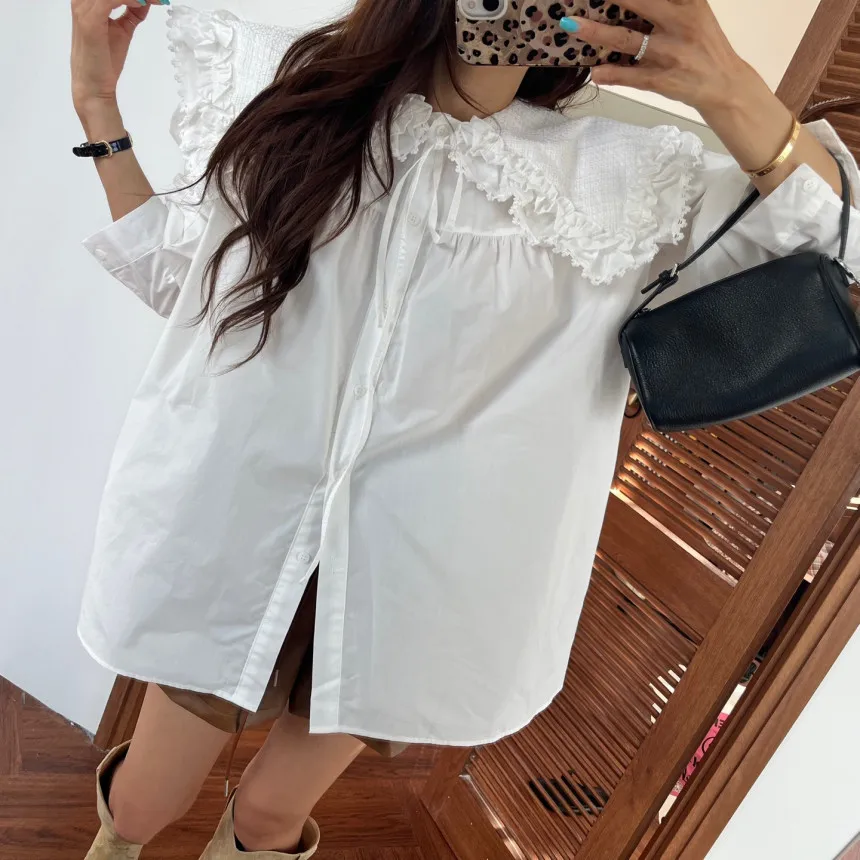 

Loose Long Sve Women's irt Korean Sle Chic Simple Sweet Ruffle Splicing Doll Collar Casual Breathable Comfortable Top