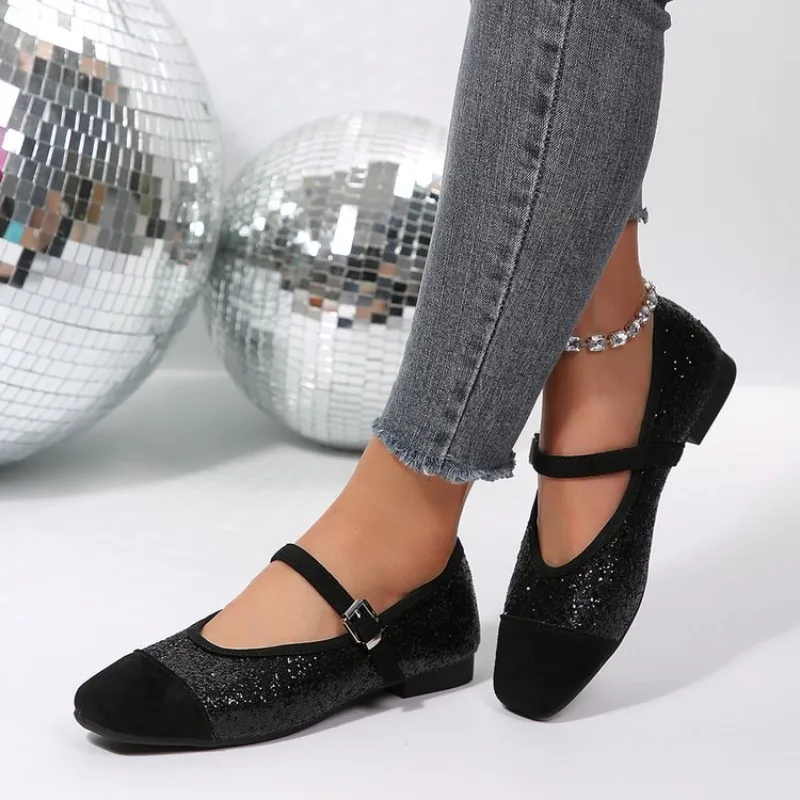 

Spring New Sequin Low Heel Shoes Women's Light Mouth Square Toe Gentle Shoes