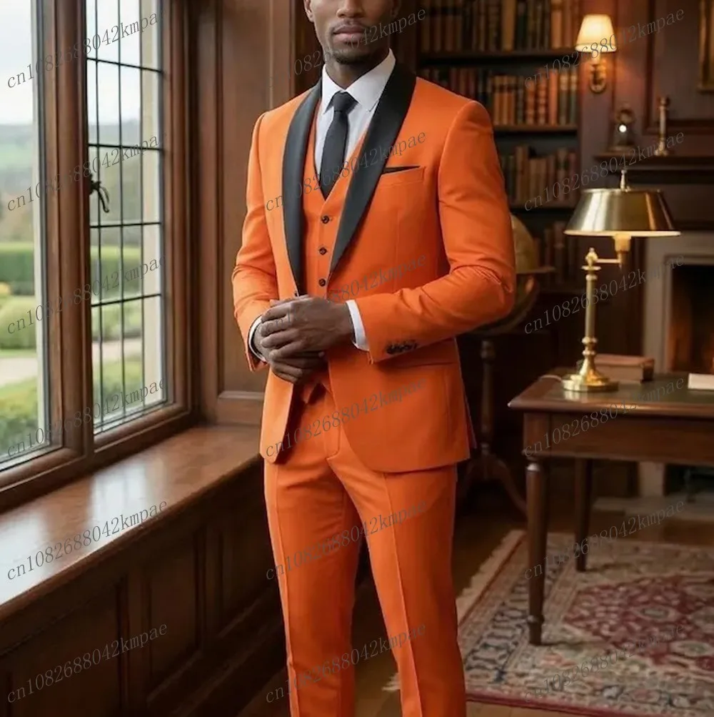 

New Black Collar Orange Men Suit Formal Groom Groomsman Wedding Party Prom Male Business Tuxedos 3 Piece Set Blazer Vest Pants