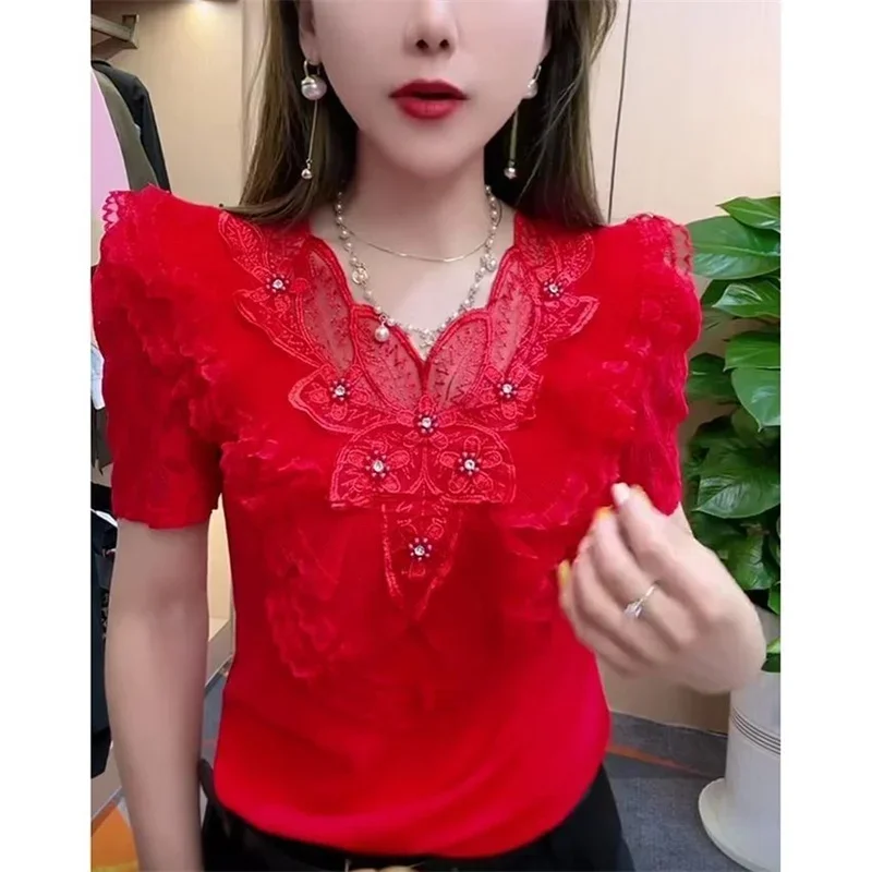 Lace Flounced Flower Stitching Beautiful Back Short Sleeve Thin T-Shirt Fashion Cover Meat Blouse Half Sleeve/Long Sleeve ZL641