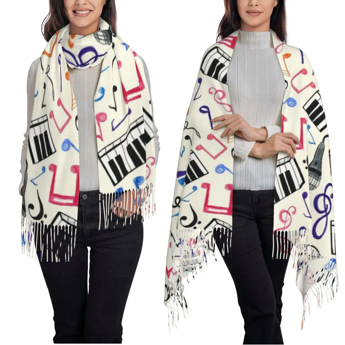 

Фортепианная клавиатура, шарф с музыкальными нотами, шарфы с кисточками, женские мягкие теплые шали и накидки, длинная осенне-зимняя шаль