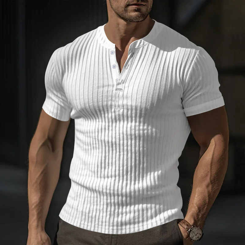 2024 Summer New Men's Fashion Slim Trendy All-match Comfortable Crew Neck Button Screw Thread Casual Short Sleeve T-shirt Tops