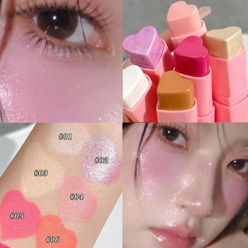 Matte Glitter Blusher Cheek Highlighter Stick Rouge Waterproof Heart-shaped Blush Stick Brighten Face Contour Illuminator Makeup