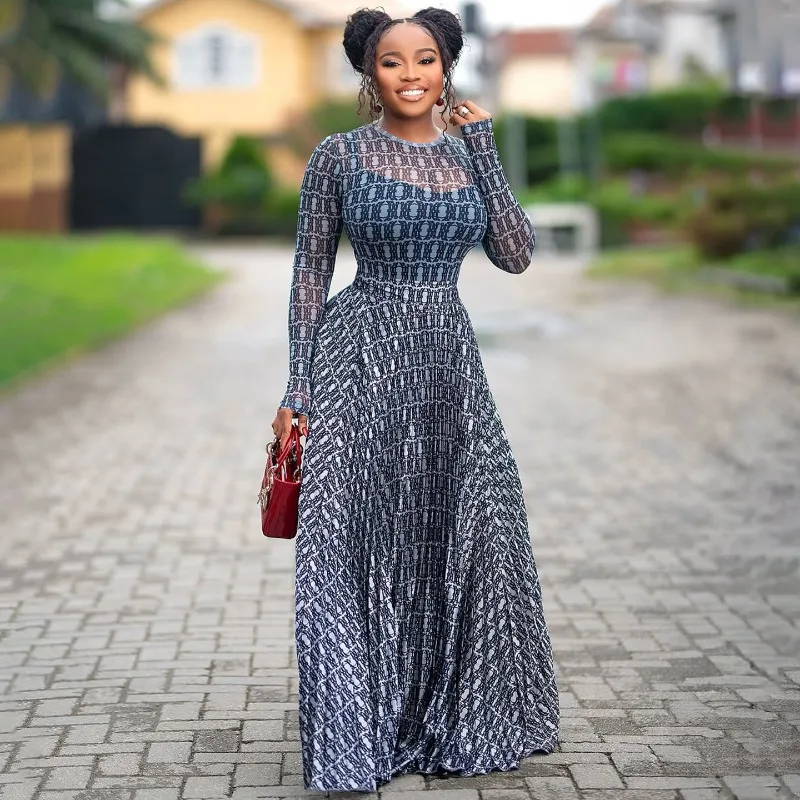Elegant Ladies Letter Print Mesh Dress Set Sheer Long Sleeve Maxi Dress With Camisole Liner Flowy Long Dress African Outfit