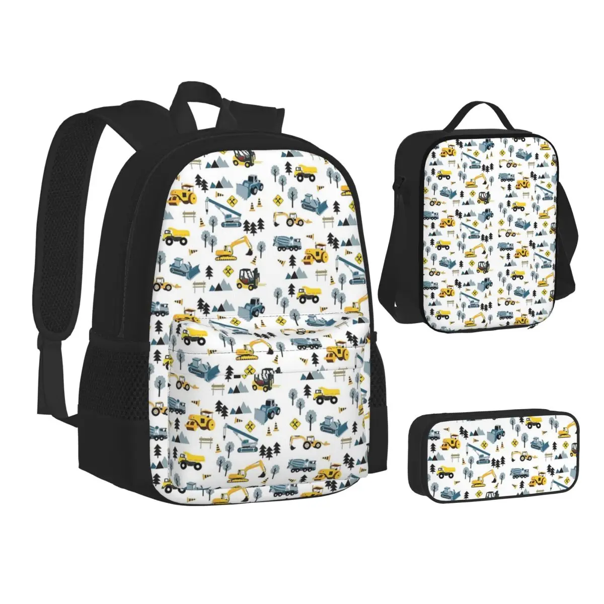 

Blue Construction Trucks And Site Theme Pattern Backpacks Bookbag School Bags Kids Rucksack Lunch Bag Pen Bag Three-Piece Set