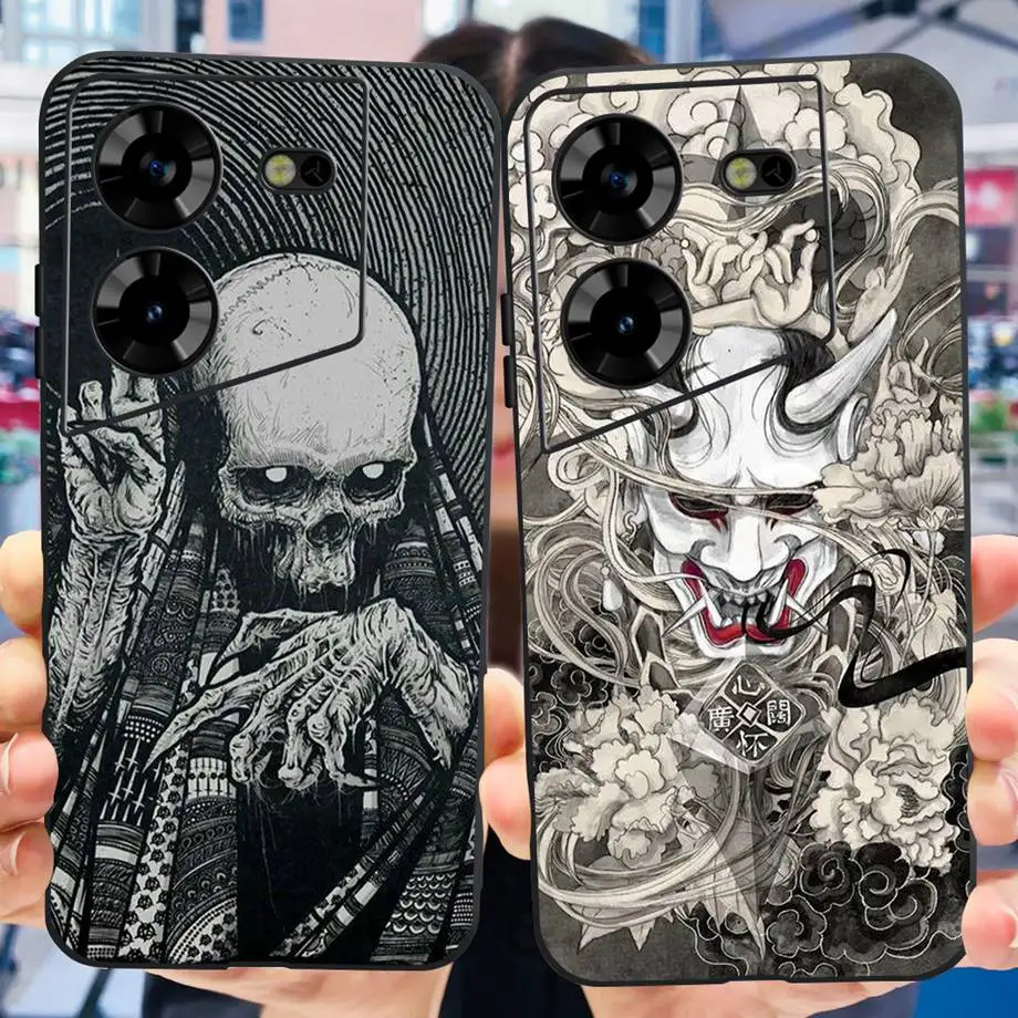 For Tecno Pova 5 4G LH7n Back Case Black Silicone Soft Matte TPU Phone Shell For Pova5  Tecno Bumper Lovely Cat  Marble Pattern